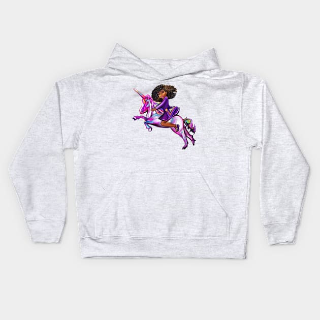 Curly hair Princess on a unicorn pony, lit up- black girl with curly afro hair on a horse Kids Hoodie by Artonmytee